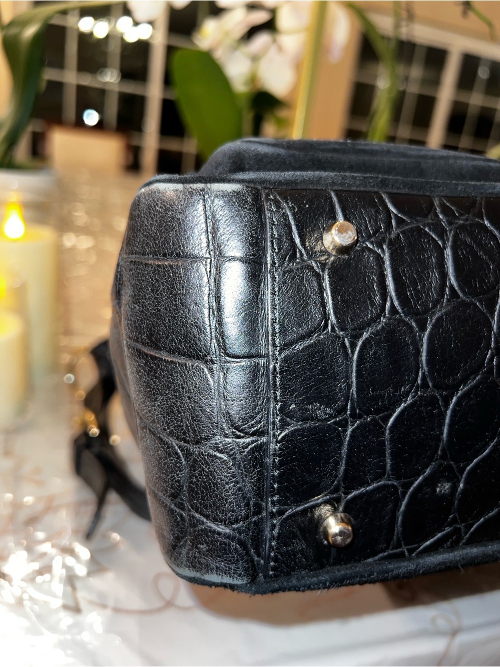 Furla Black Suede Croc Embossed Leather Shoulder Satchel Bag - Picture 14 of 14